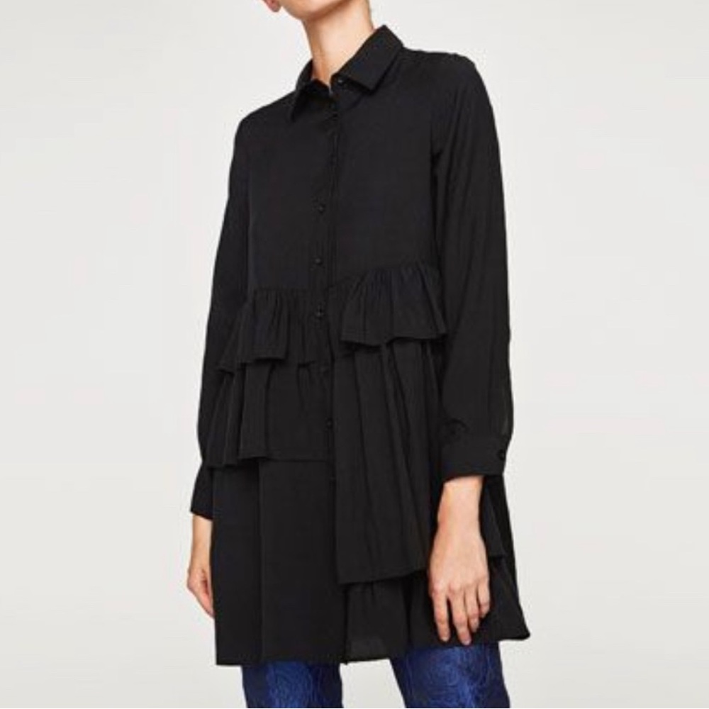 zara black ruffle shirtdress